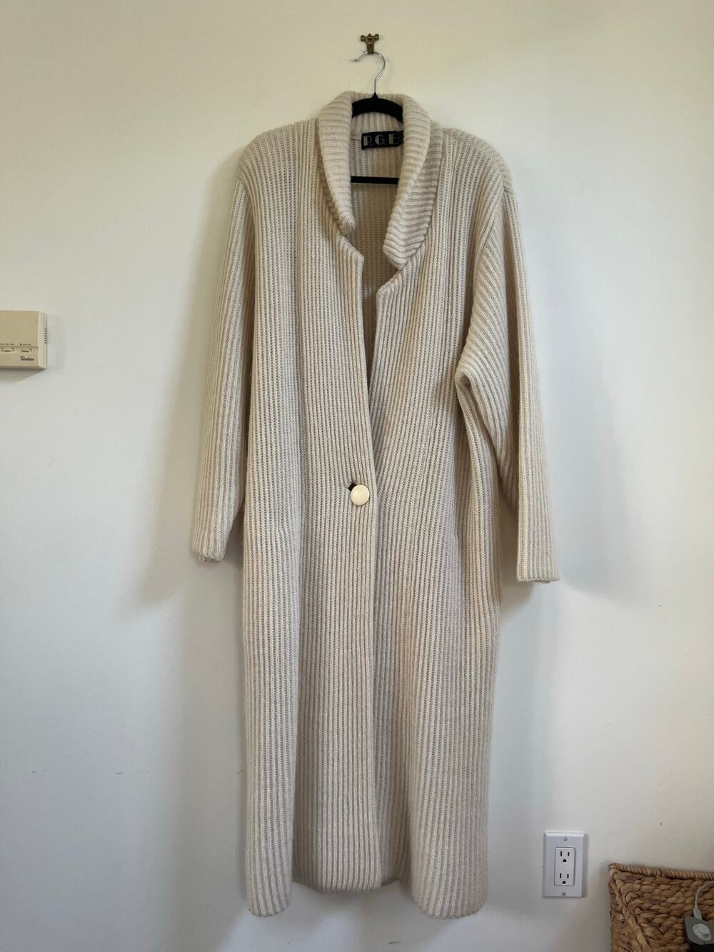 VTG PGE Sweater Duster Jacket Cream Ribbed Knit Long Cardigan Coat Womens Sz M